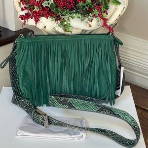 B Makowsky Green Suede Fringe Crossbody NWT